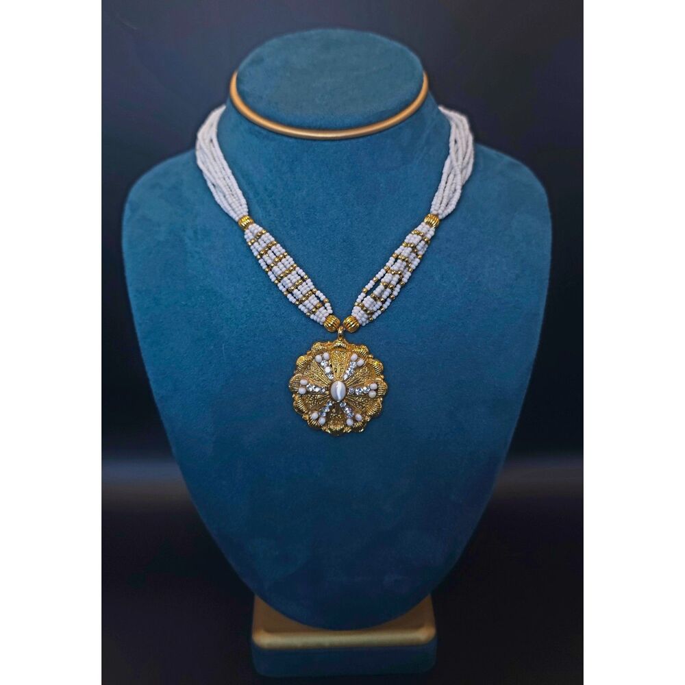 Boho Multi-Strand Bead Necklace – Sunburst Medallion